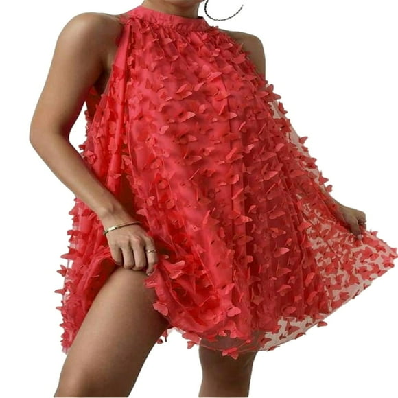 Women Evening Party Dress Butterfly Appliques Halter Neck Dress