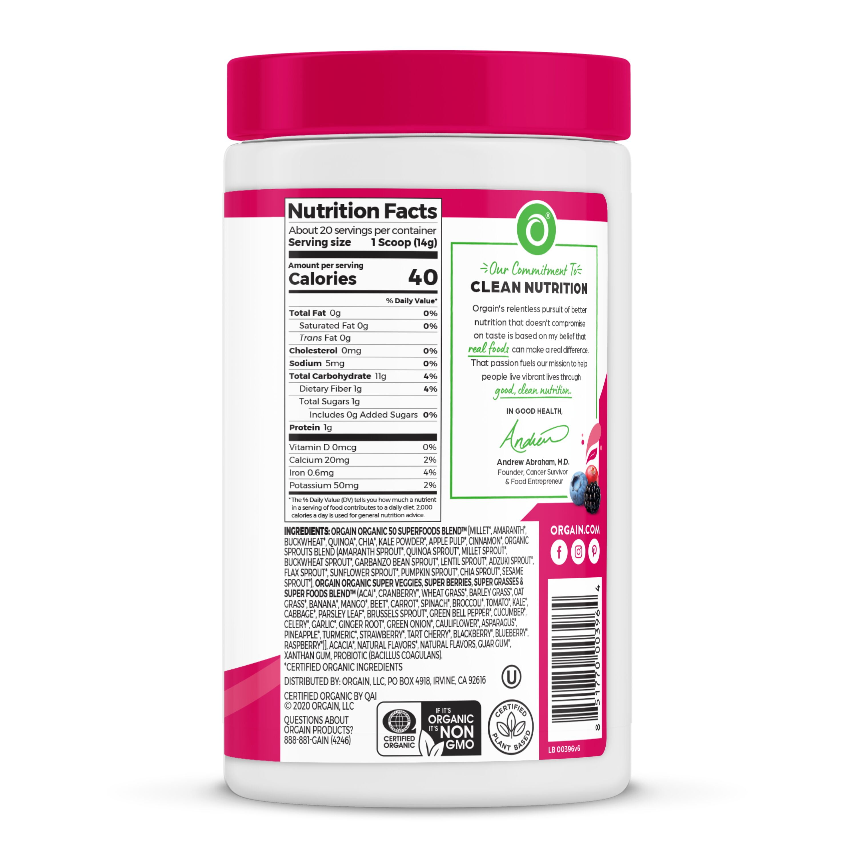 Orgain Organic Vegan Green Superfoods Nutrition Powder, Berry, 0.62lb