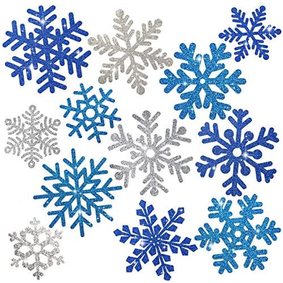 Snowflake Cut-Outs 48Pcs Glitter Blue Silver Snowflake Cutouts Double-Sided Holiday Cut-Outs with Glue Point for Winter Christmas Wonderland Frozen Party Home Decoration, Assorted Size Blue Silver