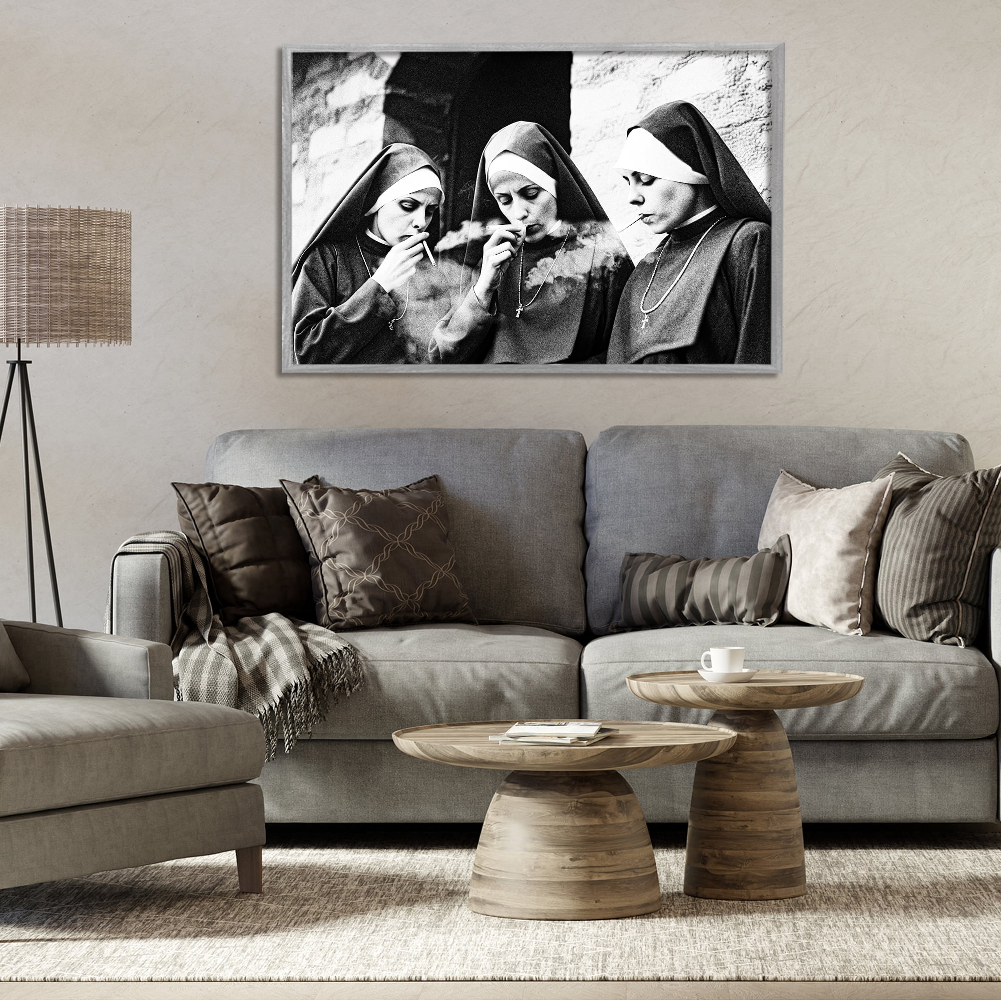 Smoking Nuns Rebellion Gray Framed Giclee Art, design by Decent Exposures