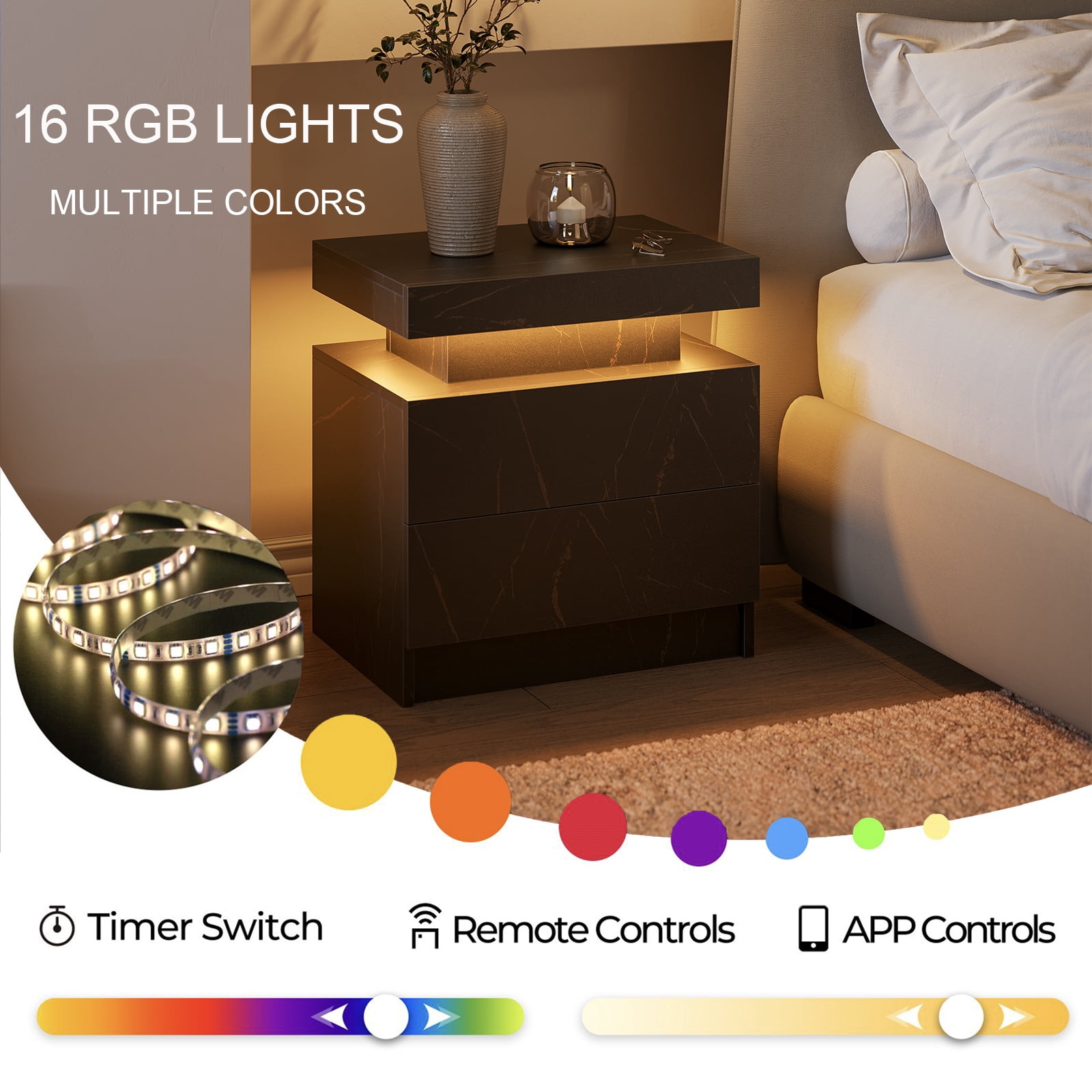Cubehom LED Bedside Table, 2-Drawer Modern Nightstand with Storage, End Side Table for Living Room and Bedroom Furniture