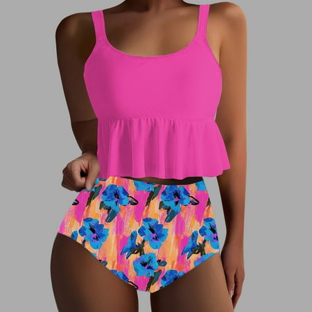 OSFVNOXV Plus Size Tankinis for Women High Waist Pink Bathing Suits Floral Bikini Bottom Ruffle Swimwear Tank Top Clearance Sizes S-3XL