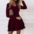 thumbnail image 2 of Pompotops Women Fashion Solid Color Sexy V Neck Ruffle Long Sleeve Dress, 2 of 5