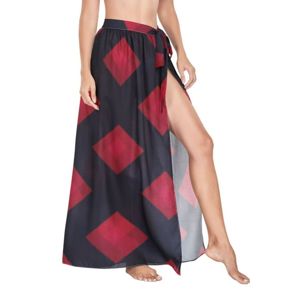 Women Sarong Wraps Red Checkered Black Swimsuit Beach Pareo Bikini Coverups Skirt M
