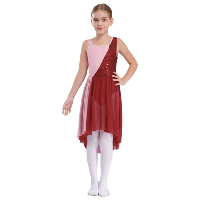 Oyolan Robe de Ballet Sans Manches à Blocs de Couleur Scintillante à Paillettes pour Filles Vêtements de Danse Lyrique Tenue de Performance Bourgogne 12