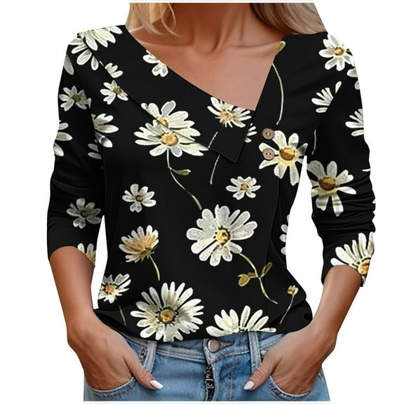 LIJCC Women'S Button Lapel V Neck Long Sleeve Shirt Asymmetrical Neck Tops for Women Long Sleeve Button Collared V Neck Blouses 2024 Fashion Work Casual Shirts