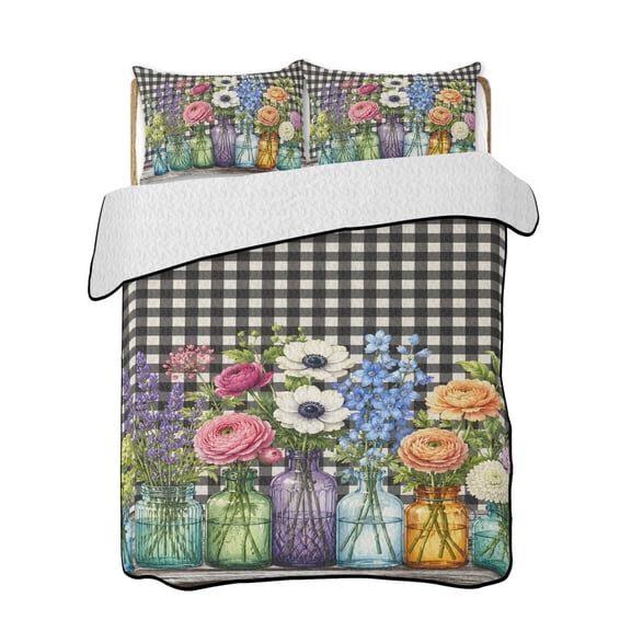 Glass Jar Vases Quilts Bedding Set Twin Size Bloom Colorful Wildflowers Black Plaid Rustic Lightweight Quilted Bedspread 3 Piece Bed Quilt with 2 Pillow Shams All Season for Bedroom 68" x 86"