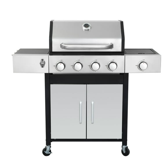 4-Burner Propane Gas BBQ Grill with Side Burner, 46,790 BTU Output, Enameled Cast Iron Cooking Grids & Stainless Steel Warming Rack, Outdoor Barbecue Grill for Backyard, Patio, and Camping