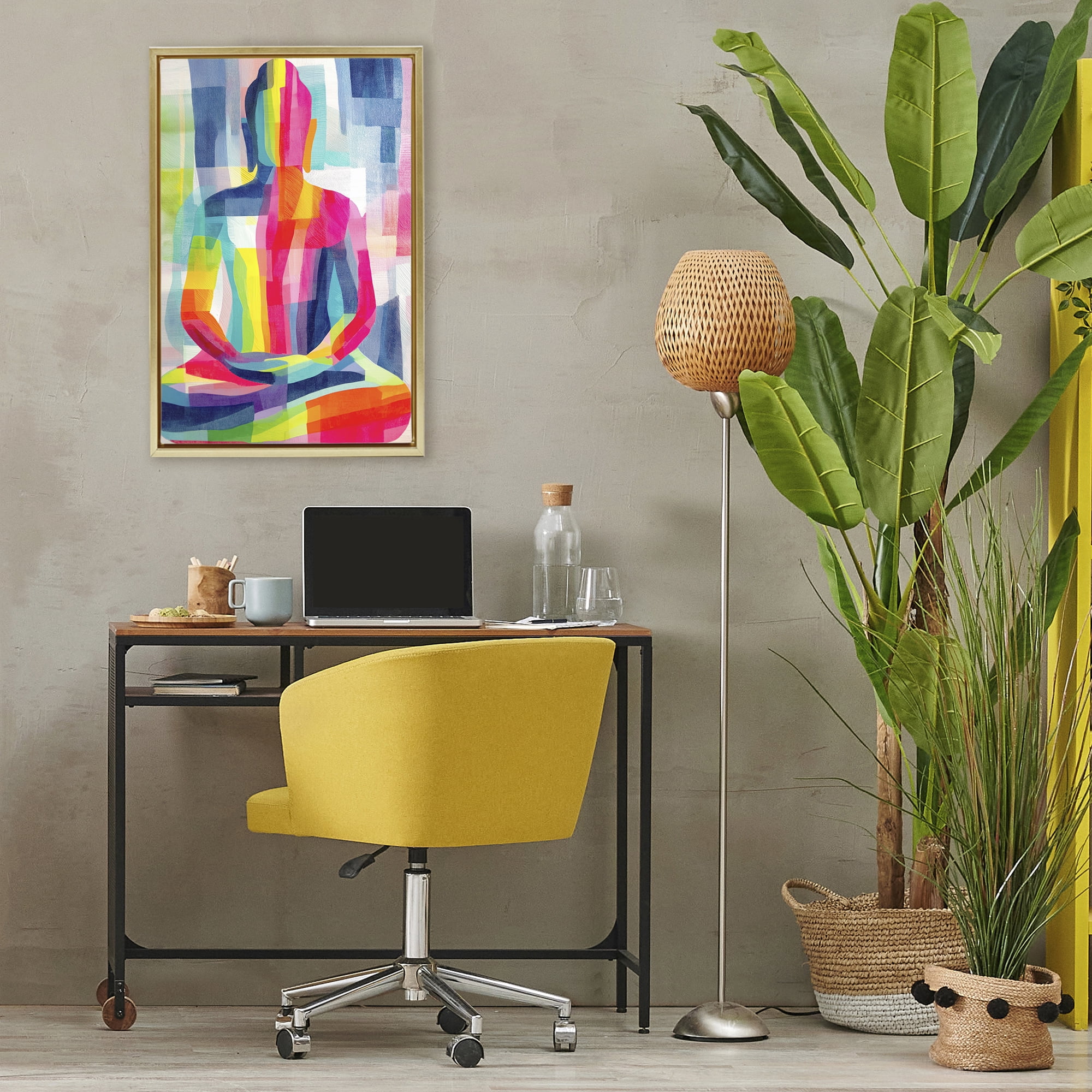 Geometric Buddha In Spectrum Gold Floating Frame Canvas Art, 21 x 31, By Chromatic Storm Studio