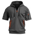 thumbnail image 2 of Mens Tactical Short Sleeve Half Zip Hoodie Muscle Fit Pullover Sweatshirt Cargo Arm Pocket Drawstring Hood Zipper Pocket Summer Streetwear Dark Gray 3XL, 2 of 5