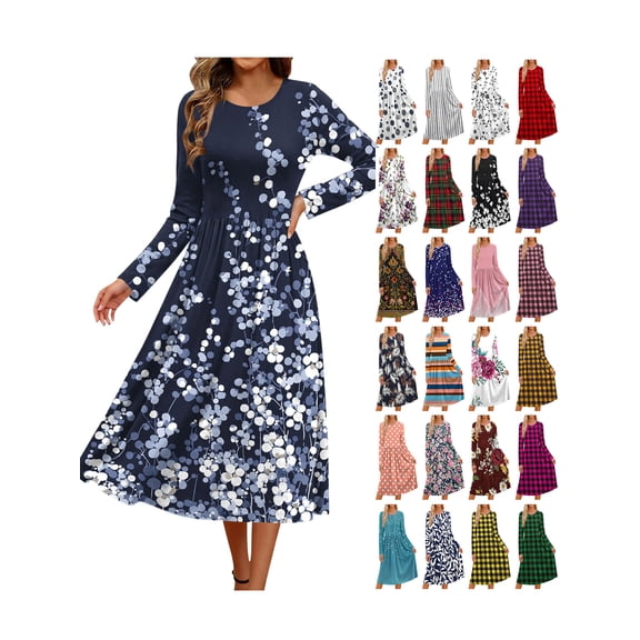 Floral Fall Dresses for Women Long Sleeve A-Line Womens Casual Midi Dresses Flowy Dress with Pockets