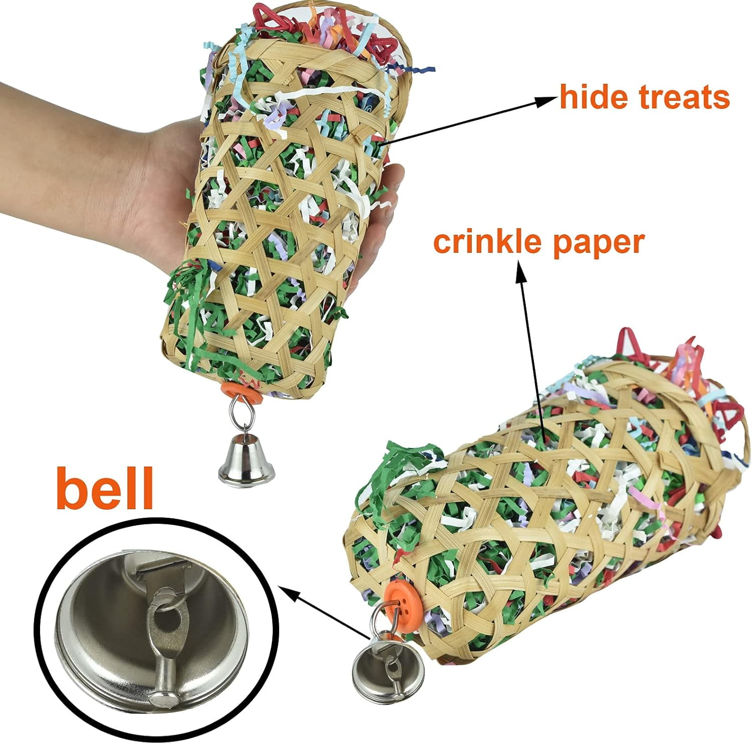 Shredder Foraging Feeder Bird Toys Treat Basket for Parrots, Conure Shredding Chewing Paper Hanging Cage Climbing Foot Toys with Bell for Parakeets Cockatiel African Grey
