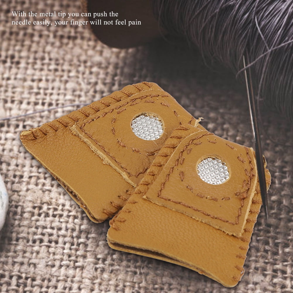 Tebru 2pcs Small Size Leather Thimble Finger Sets with Metal Tip Hand