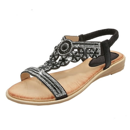 CHOII 50% Clearance Women s Rhinestone Wedge Thong Sandals Women Fashion Large Size Casual Sandals Beach Shoes Women Sandals Ankle Strap Sandals Comfort Sandals Black/6.5