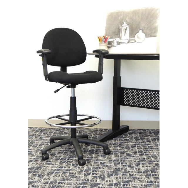 Boss Office Contoured Comfort Rolling Fabric Drafting Stool with Arms in Black