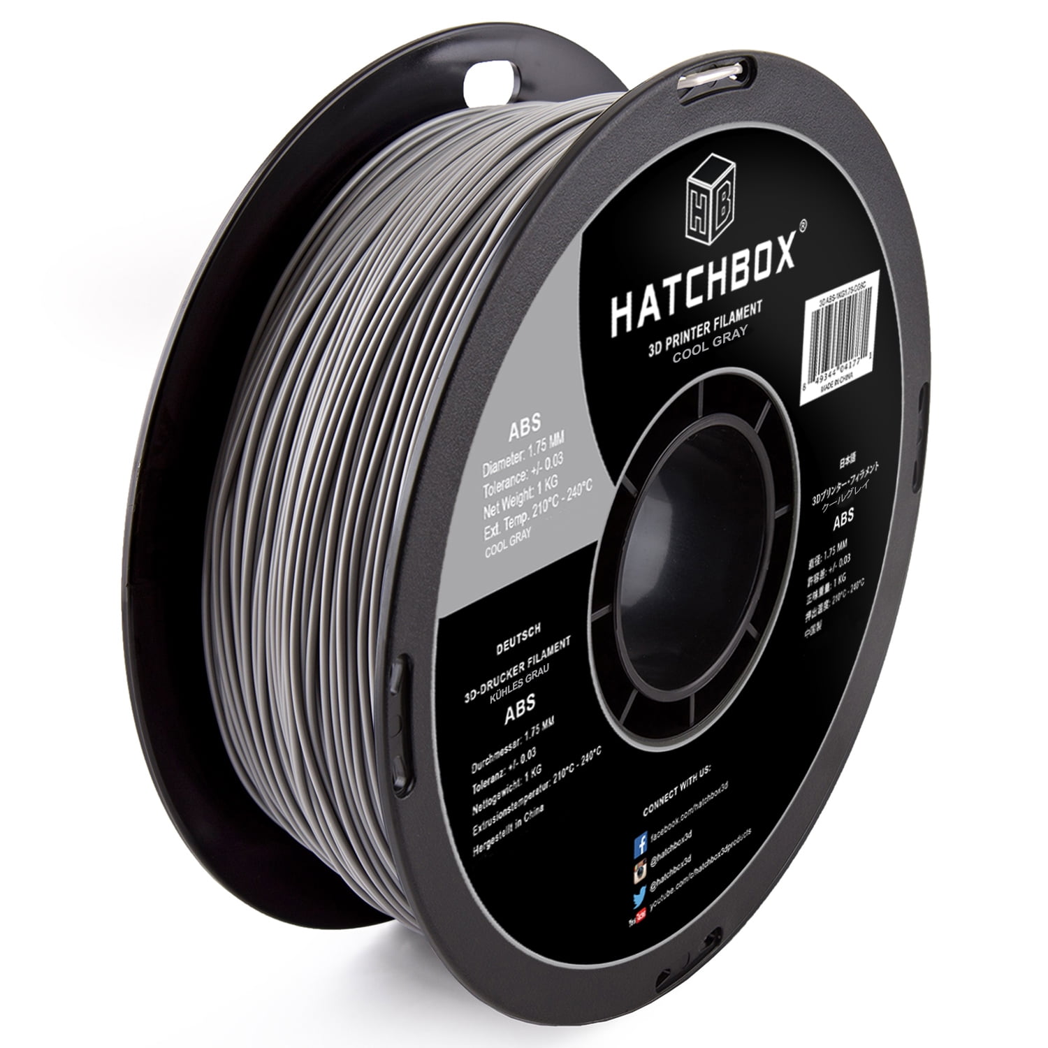 HATCHBOX ABS 1.75 mm 3D Printer Filament in Cool Gray, 1kg Spool
