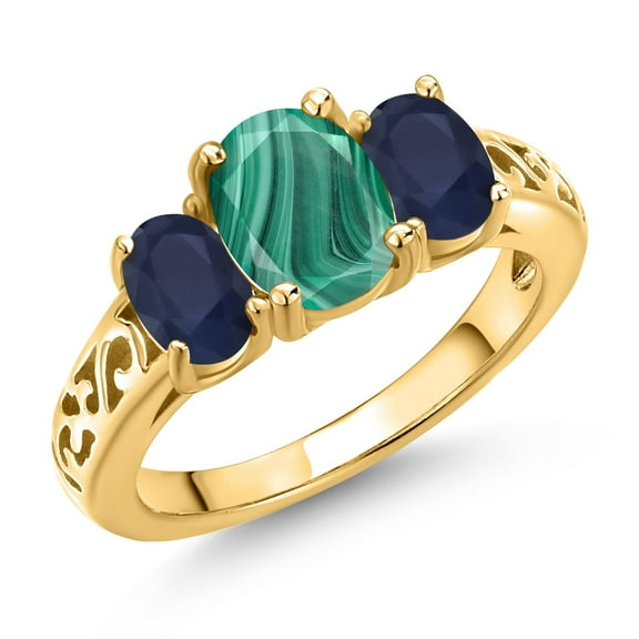 Gem Stone King 18K Yellow Gold Plated Silver Green Malachite and Blue Sapphire Filigree Style 3 Stone Ring for Women (3.11 Cttw, Oval 8X6MM and 6X4MM, Size 7) (Size 7)