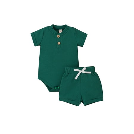 

WPNAKS Girl Solid Color Two Piece Set Round Neck Buttons Chest Short Sleeve Romper Tie Up Waist Elastic Shorts