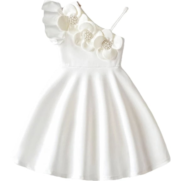WAYUTE Girls' Dresses Elegant One Shoulder Elastic Waist Solid Color Pleated A Line Princess Dress for Kids Birthday Party Casual Outdoor
