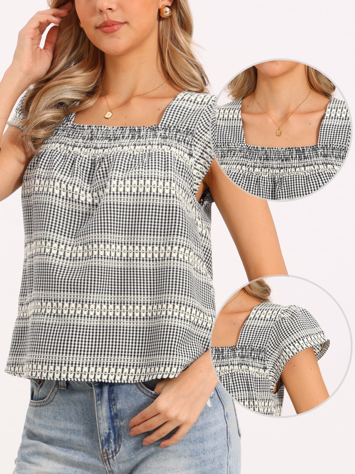 DARING DIVA Women's Gingham Top Casual Square Neck Cap Sleeve Peasant Blouse Top XL Black