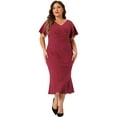 thumbnail image 3 of DARING DIVA Plus Size V Neck Ruffled Short Sleeves Dress 4X Burgundy, 3 of 6