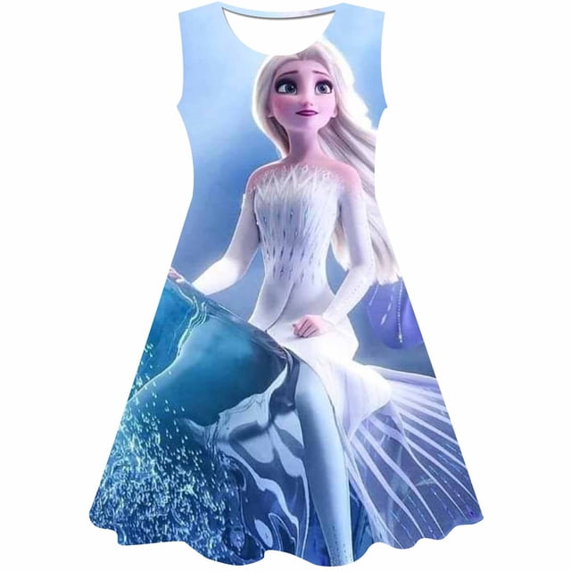 2023 nueva ropa de Elsa de Frozen de Disney para niños, falda bonita informal de verano, falda de cuello redondo, vestido de princesa Elsa de Frozen impreso 10T Gao Jinjia LED