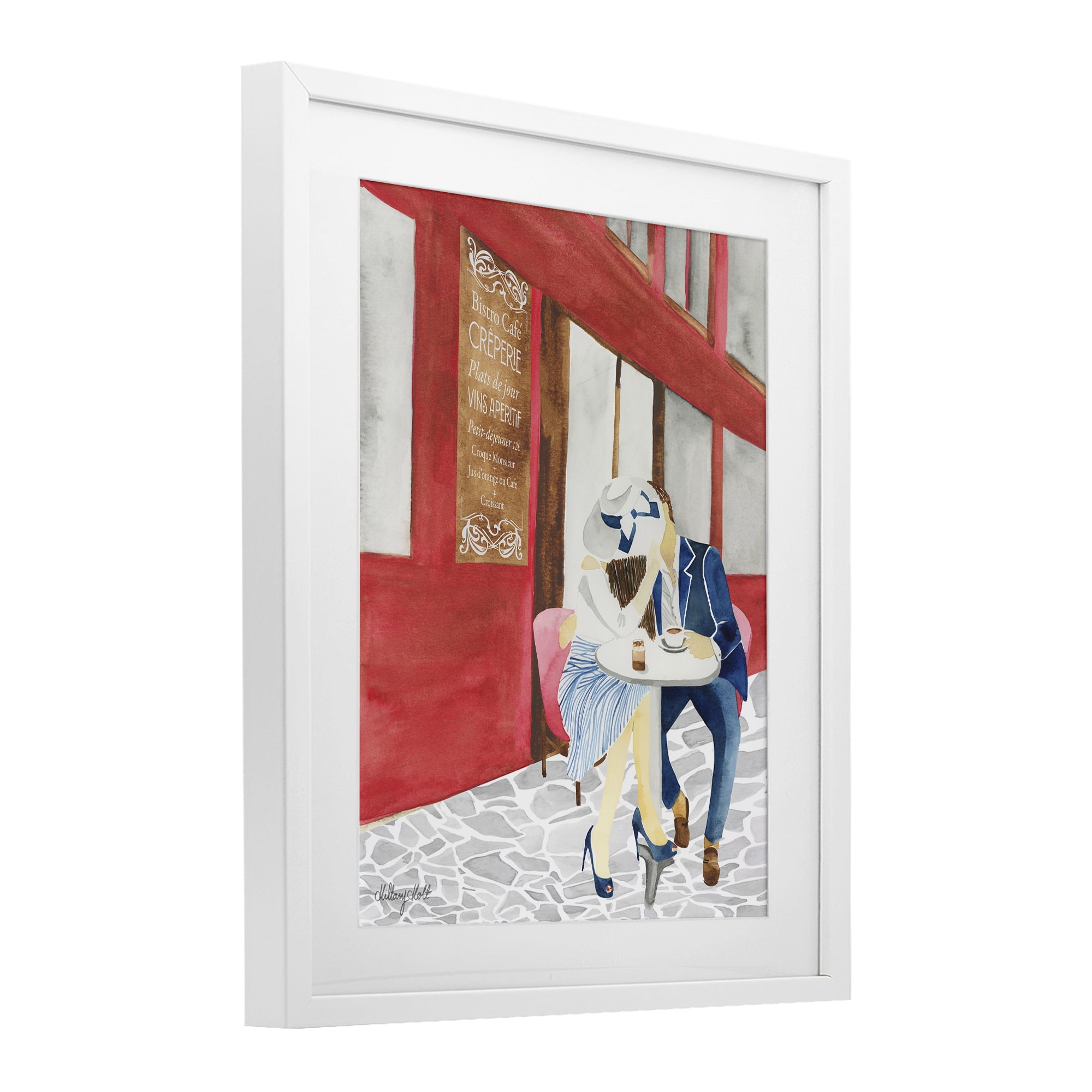 Stupell Industries Kiss At Parisian Cafe White Framed Print Under Glass, design by Hillary Holt