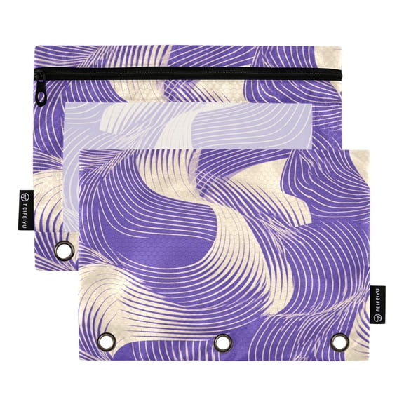 2 Pack 3 Ring Binder Pouch with Clear PVC Window Water Resistant Zipper Pencil Pouch Purple Chaotic Lines Binder Pocket for Classroom Office Home Stationery Organization