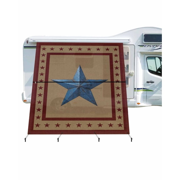 4th of July RV Awning Sun Shade Screen 9'X7' Patriotic Stars Freedom Mesh Sunscreen Rustic Vintage Blue Red Awning Shade Screen with Zipper UV Blocker Completed Kits for RV Motorhome Camper