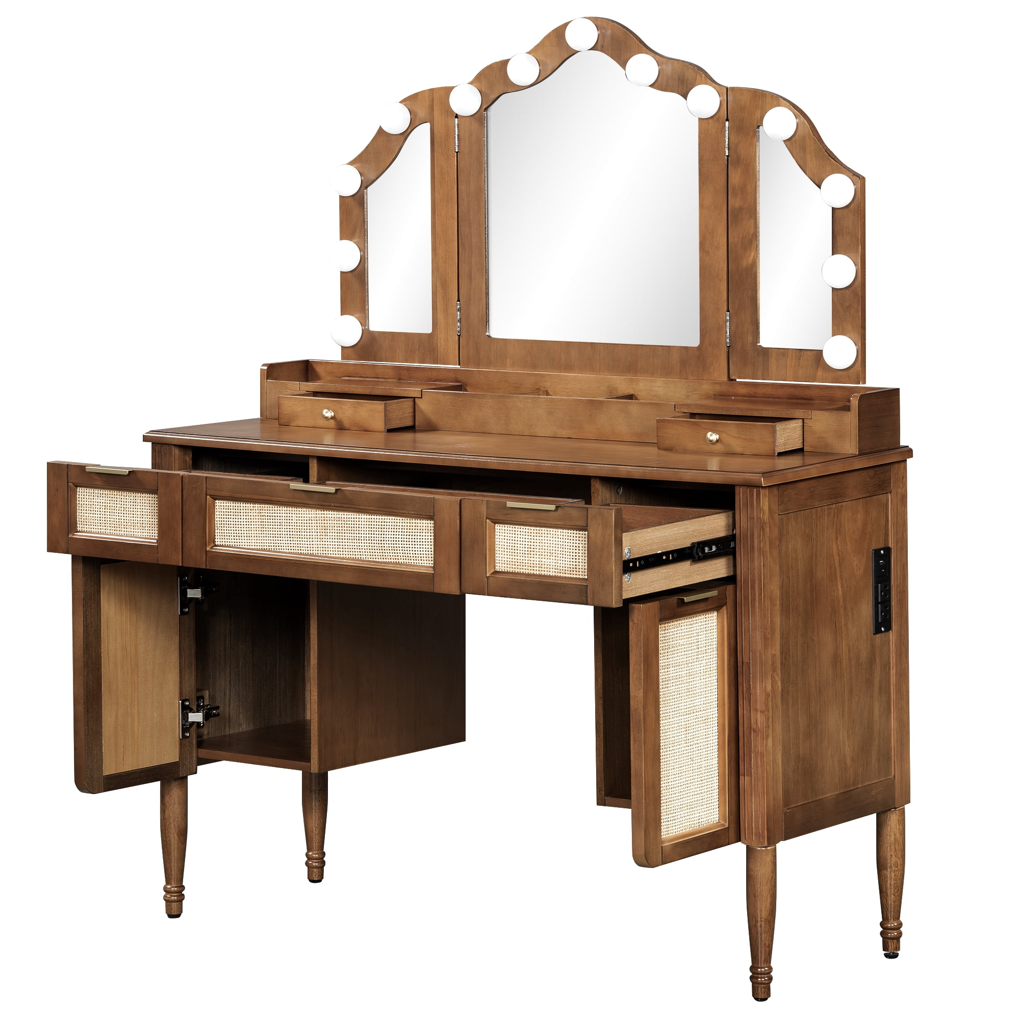 Aukfa Luxury Makeup Vanity Set with Tri-Fold Mirror & Lights, Large Vanity Desk with 5 Drawers, Tool and Built-In Outlets,Espresso