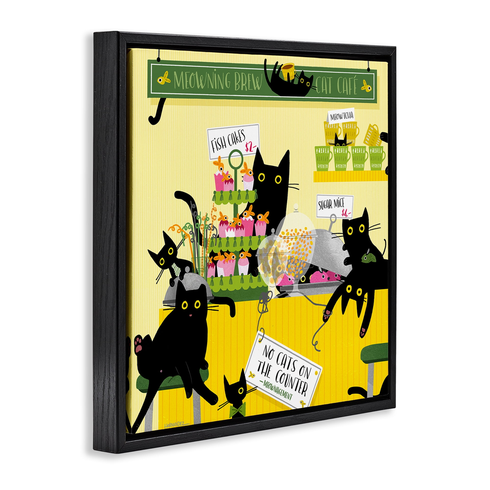 Stupell Industries Silly Cat Café Bakery Animals Painting Black Floater Framed Canvas Art Print Wall Art, 18 x 18