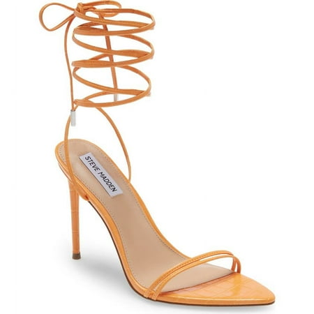 Steve Madden Flamin Orange Ankle Tie Lace Wrap Around Stiletto Open Toe Sandals (7, ORANGE)