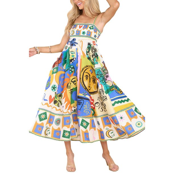 primavera europea y americana y verano nuevo vestido sexy con estampado de tirantes inss vestido de vacaciones suelto casual blanco / 2xl