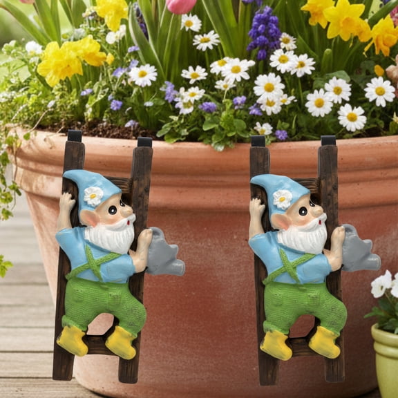 Gnome Flower Pot Hugger 2 Pack, 2x5-In Polyresin Climbing Gnome Figurines for Planters, Hanging Pots & Garden Decor, Indoor Outdoor Patio Lawn Spring Summer Decoration