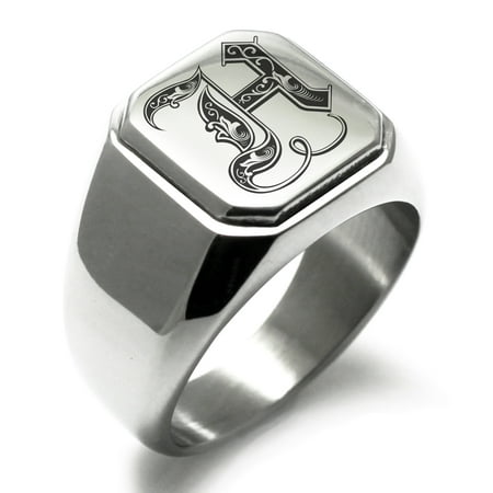 Initial Signet Ring - Stainless Steel Letter H Initial Royal Monogram Engraved Engraved Square Flat Top Biker Style Polished Signet Ring