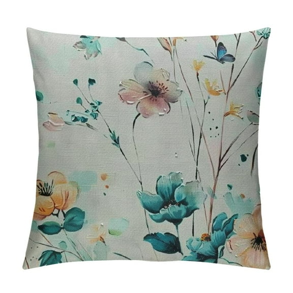 Shiartex Watercolor Floral Pillow Covers, Spring Teal Flower Decorative Throw Pillows Farmhouse Floral Pillow Case for Sofa Bedroom Living Room Indoor Outdoor 12x12in