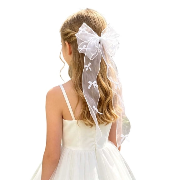 Krdevn Organza Bow Hair Clip with Mini Bow Decor Long Wavy Tulle Streamer Flower Girl Hair Barrette for Wedding Baptism Birthday Party Photo Hair Accessory