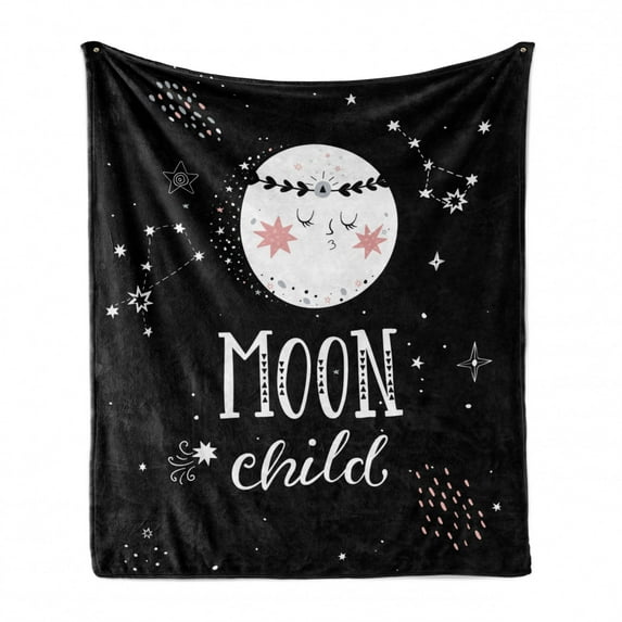Space Soft Flannel Fleece Blanket, Cartoon Style Galaxy Concept with Charming Moon and Moon Child Lettering, Cozy Plush for Indoor and Outdoor Use, 50" x 60", Pale Pink Black White, by Ambesonne