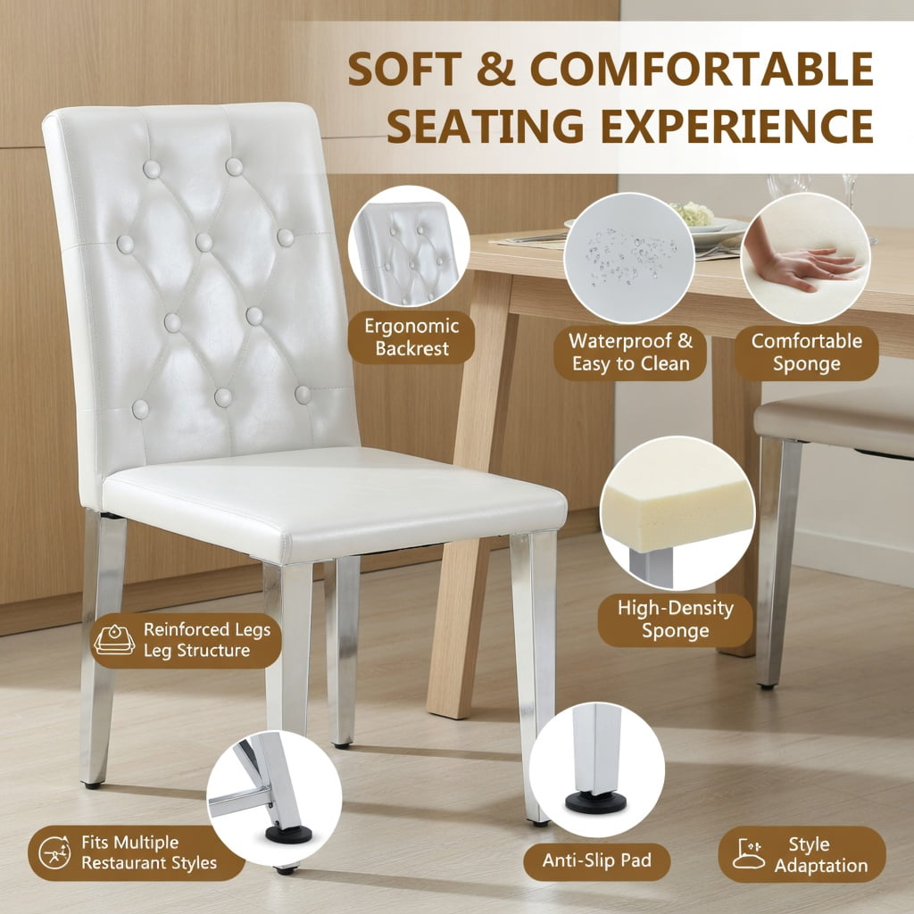 Hommoo 4-Pack PU Leather Dining Chairs with Ergonomic Buckle Backrest & Metal Legs, 35 in Tall, Commercial-Grade Comfort for Restaurants, Cafes & Home Dining, Light Gray & Sliver