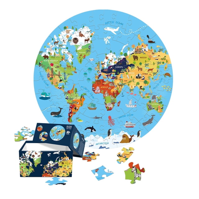Round Blue Cardboard Puzzle With 70 Pieces World Map Theme Educational Toy For Kids Family Game Night Paper