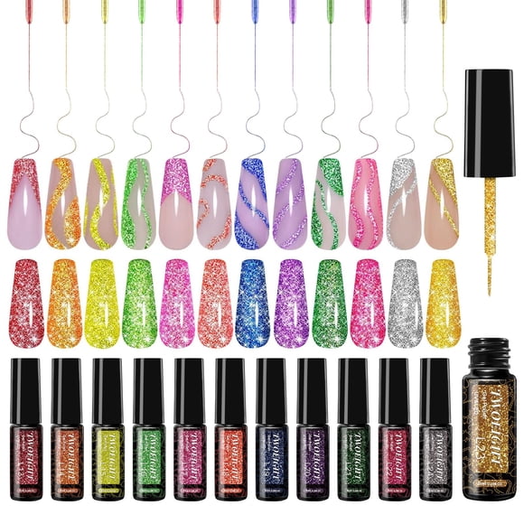 Esmalte en gel para nail art TWOEIGHT, 12 colores, 8 ml, glitter reflectante, UV/LED