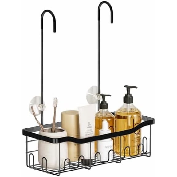 Shower Caddy Hanging, Organizer Hanging for Bathroom, Shower Basket with Hooks, Shower Storage, Shelf, Rack No Drilling for Faucet or Cross Bar (Black)