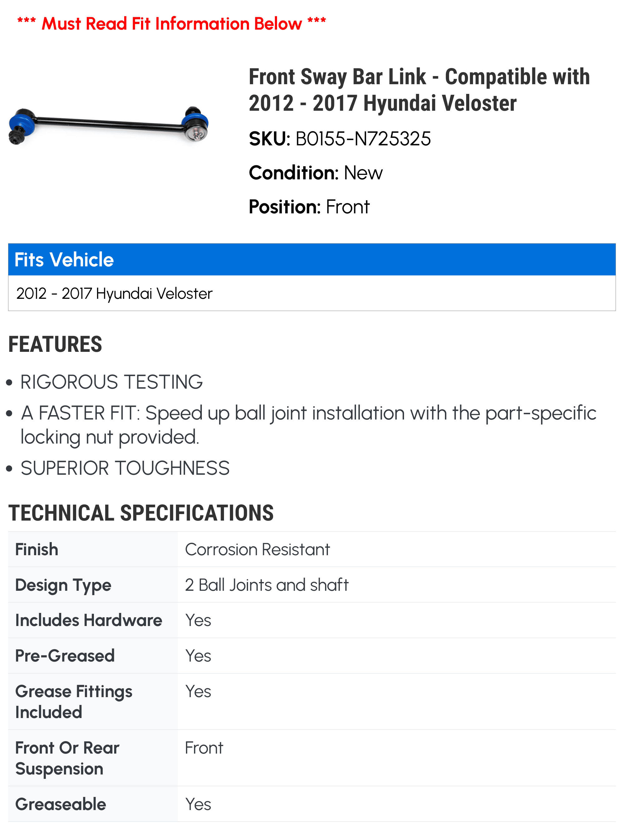 Front Sway Bar Link - Compatible with 2012 - 2017 Hyundai Veloster 2013 2014 2015 2016