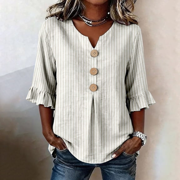 Women's Striped V Neck Blouse 3/4 Sleeve Cuff Button Down Top Casual Loose Fit Shirt for Daily Wear &