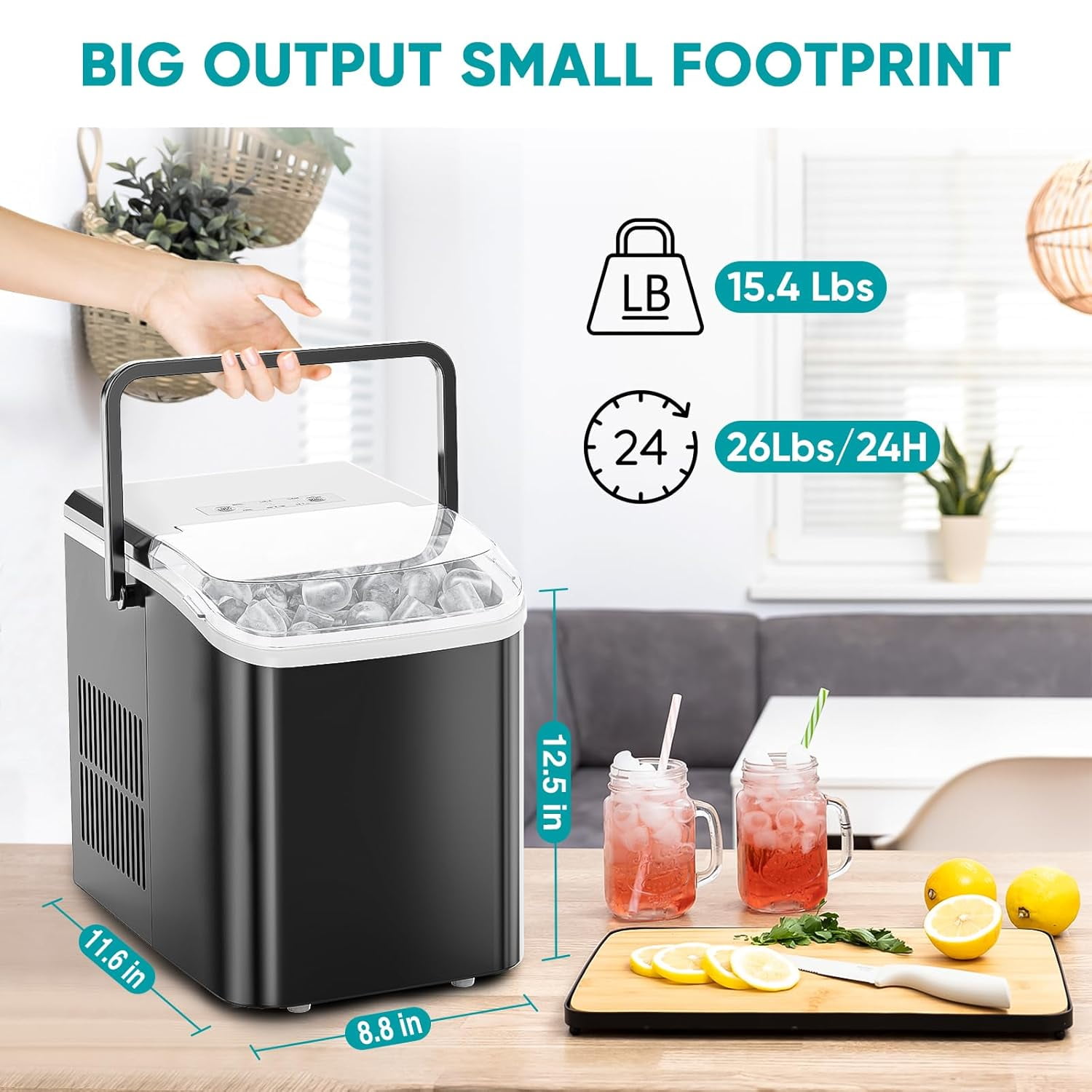 Casabay Portable Ice Maker, 26.5lbs/Day Countertop Machine with Handle, 2 Ice Sizes, Self-Cleaning, Scoop & Basket
