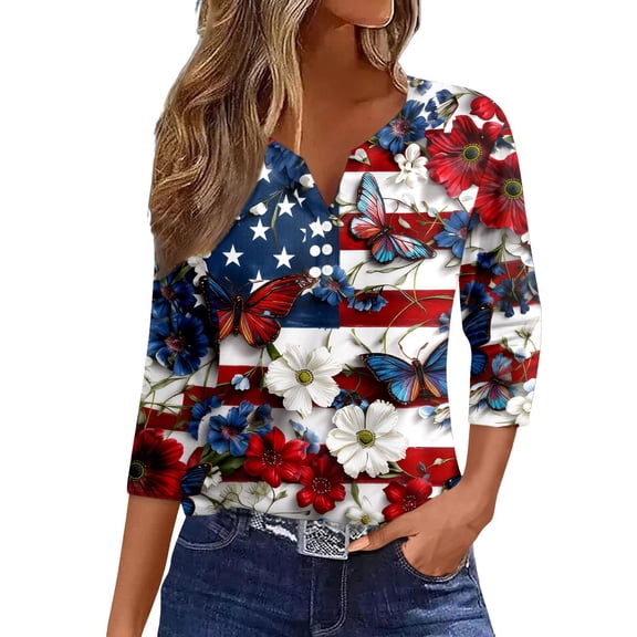 CONZONE 4Th Of July Womens T-Shirts 3/4 Sleeve Independence Day T Shirts for Women Casual V Neck Patriotic Usa Star Striped Graphic Lightweight Tees Soft Cozy Tops