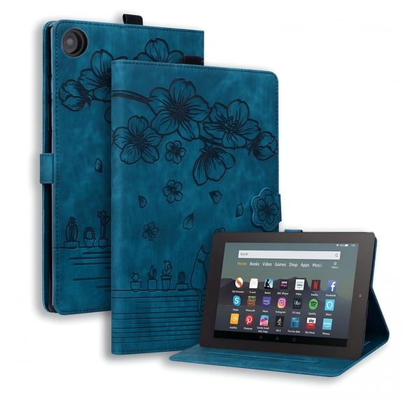 GJX 2026 New Case for 10.1" Tablet,Pencil Holder / Card Slots / Adjustable Stand / Magnetic Clasp / Embossed Flower Pu Leather Folio Wallet Case-Blue