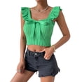 thumbnail image 1 of Top de mujer con nudo de lazo, cuello delantero, sin mangas, Top con volantes, blusa delgada de punto acanalado, blusa de Color puro verde L, 1 of 6