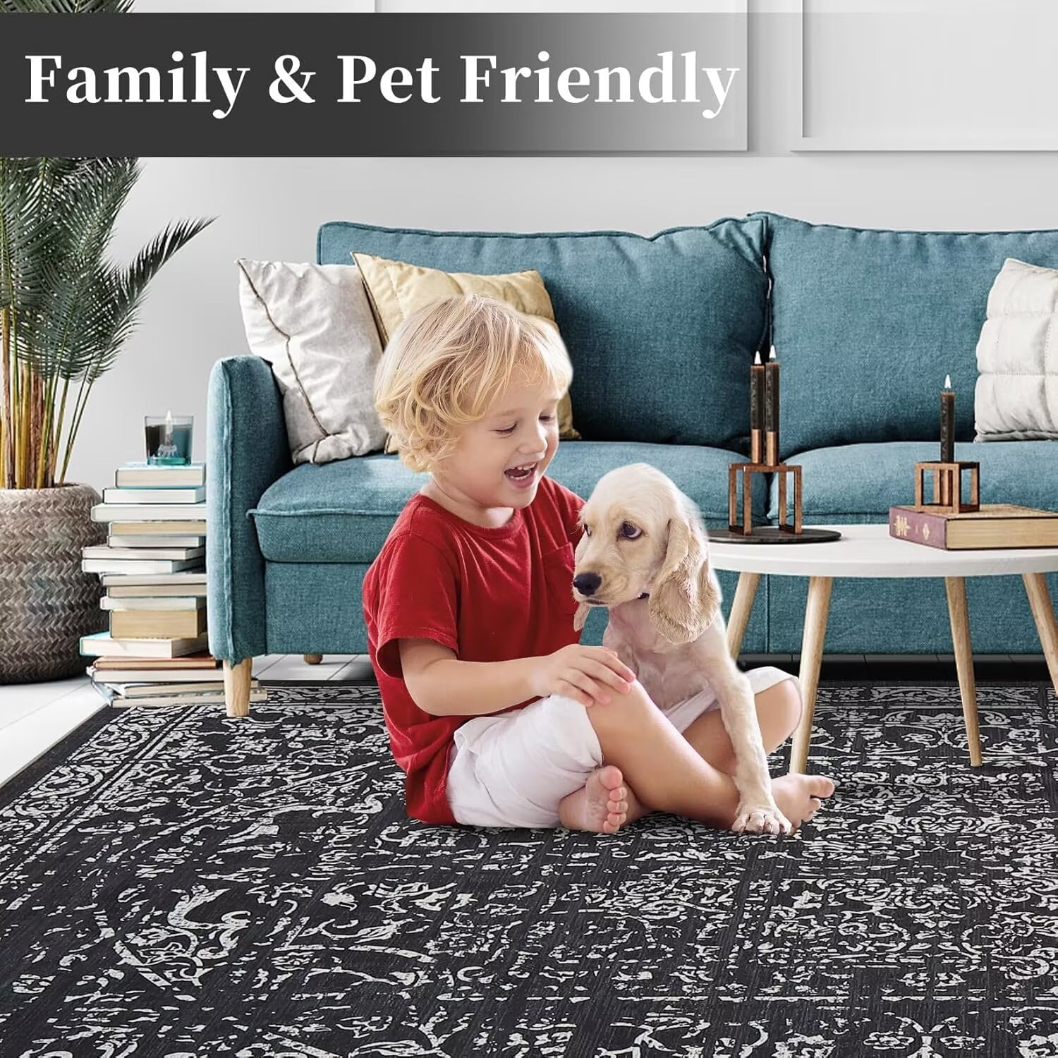 FairOnly 10'x13' Black Area Rugs for Dining Room Vintage Washable Floor Cover Non Shedding Low Pile Carpet for Living Room