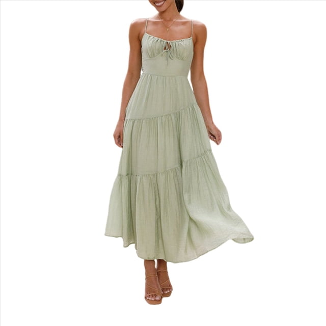Vestido Fluido con Tirantes Finos y Corsé para Mujer, Ideal para Vacaciones en la Playa o Como Invitada de Boda Verde L